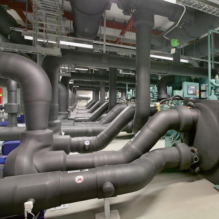 Black elastomeric insulation on chilled-water piping